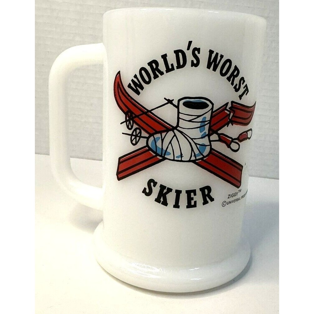 Vtg Ziggy World's Worst Skier Milk Glass Coffee Beer Mug Stein 1977 Tom Wilson
